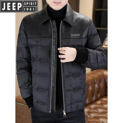 JEEP Jeep men's lapel down jacket winter 2026 new style leather jacket cold-proof warm thickened jacket men's fashion black XL