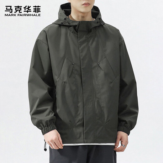 MARK FAIRWHALE Jacket Men's Winter Outdoor Work Jacket Men's Trendy Casual Hooded Top Gray Green XL