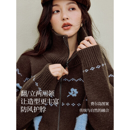 INMAN velvet-feel jacquard lapel sweater 2025 autumn women's new warm knitted cardigan jacket brown XL