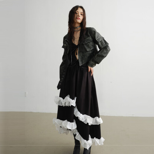 RAINNAN STUDIOS new season's new retro green cool motorcycle girl color rubbing process PU jacket green S