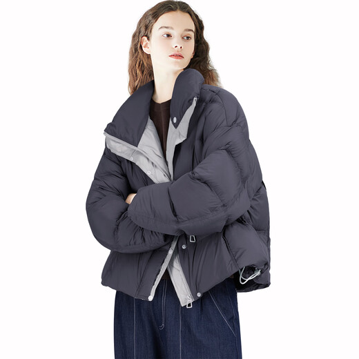 Charm Spot Loose Stand Collar Short Design Contrast Color Down Jacket Women's 2025 Winter New Warm Bread Jacket Navy Blue M