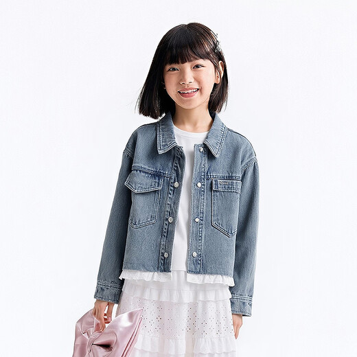Annil (Annil) children's clothing girls' denim jacket 2026 spring new style medium blue denim 170