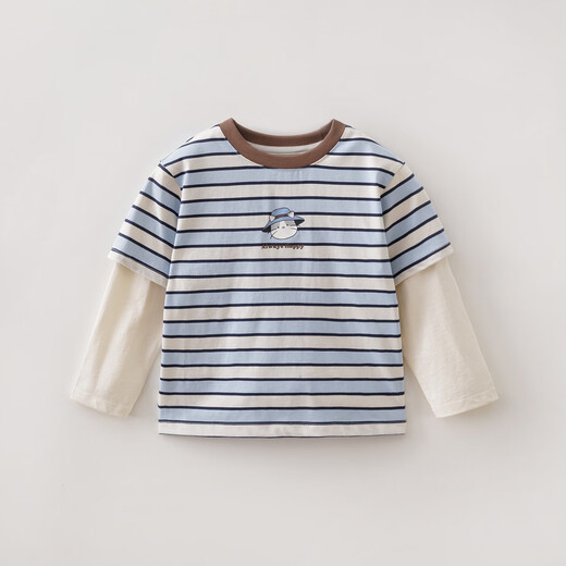MARC&JANIE Mark Jenny striped cat boys pure cotton fake two-piece T-shirt baby tops 2026 spring new style 560019 blue and white stripes 90 cm (recommended height 81-90cm)