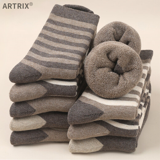 Brown terry women's autumn and winter socks for women, mid-length warm mid-length adult plus velvet thickened winter towel, brown strips, one size fits all, 10 pairs (women's size 3540)
