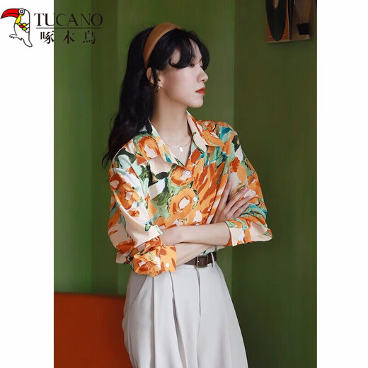 Woodpecker (TUCANO) spring Hong Kong style long-sleeved loose layered design niche new retro print shirt performance photo shirt coffee bottom green floral long-sleeved L