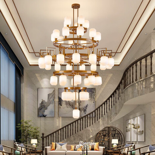 OPPLE New Chinese style large chandelier living room high ceiling hotel box engineering lamp covered building multi-story villa Chinese style lamps black glass lampshade 19 heads (three layers) with three-color light source