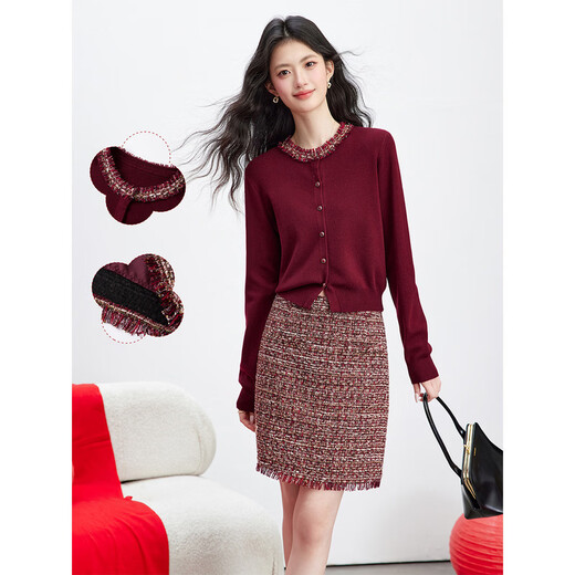 Fanximan New Year Red Sweater Suit Skirt Women's 26 Spring New Round Neck Sweater Skirt Two-piece Set A5017 Bordeaux Red M (Recommended 100-110 Jin Jin equals 0.5 kg)