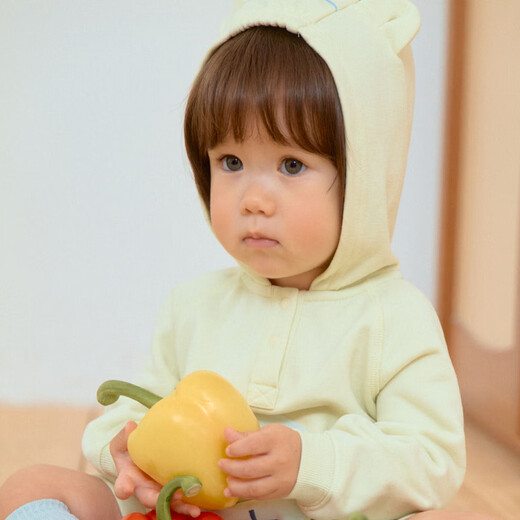 Papa climbing spring glutinous rice cotton jumpsuit for men and women long sleeve short style light yellow 73cm