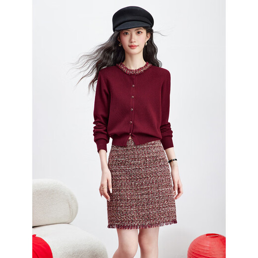 Fanximan New Year Red Sweater Suit Skirt Women's 26 Spring New Round Neck Sweater Skirt Two-piece Set A5017 Bordeaux Red M (Recommended 100-110 Jin Jin equals 0.5 kg)