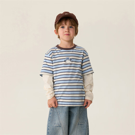 MARC&JANIE Mark Jenny striped cat boys pure cotton fake two-piece T-shirt baby tops 2026 spring new style 560019 blue and white stripes 90 cm (recommended height 81-90cm)