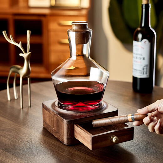 BOMP European style high-looking light luxury red wine decanter household crystal glass quick wine divider pouring wine jug wine glass Acacia wood cigar box decanter + crystal_2 pieces 520ml