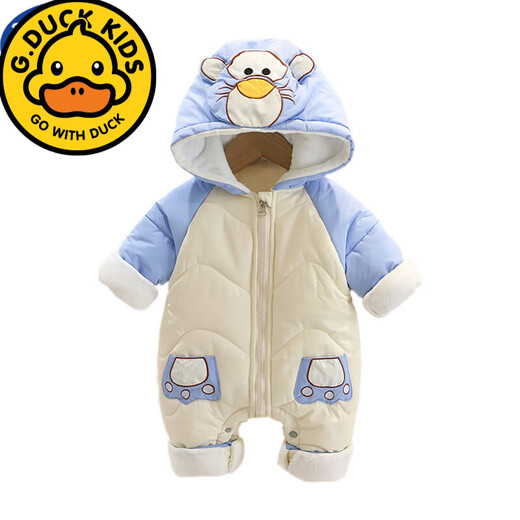 G.duck baby autumn and winter quilted down cotton jumpsuit jumpsuit for men and women baby zipper hooded cartoon splicing plus velvet crawler D yellow frog winter style plus velvet thickened assault top 80cm