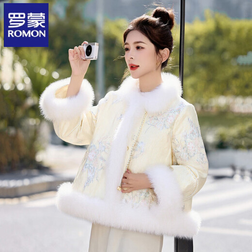 ROMON new Chinese style high-end light luxury fox fur splicing down jacket for women 2026 winter new style rich lady white duck down jacket beauty pink S