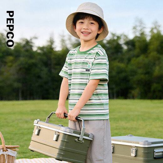 Piggy Banner (PEPCO) children's clothing 2026 new summer boys' green, white and black striped T-shirt combed cotton round neck short-sleeved sweater green, white and black striped 90