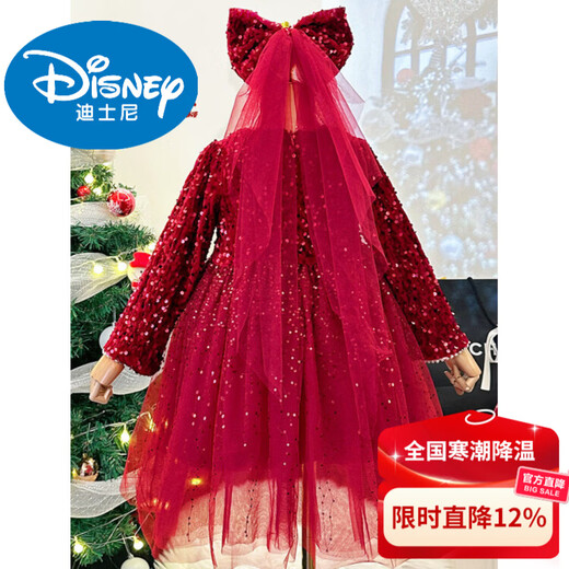 Disney Girls Dress Spring and Autumn Children's High-end Fashion Sequin Princess Dress Children's Red 20 Red Velvet Style Delivery Veil (one size smaller) 100 cm