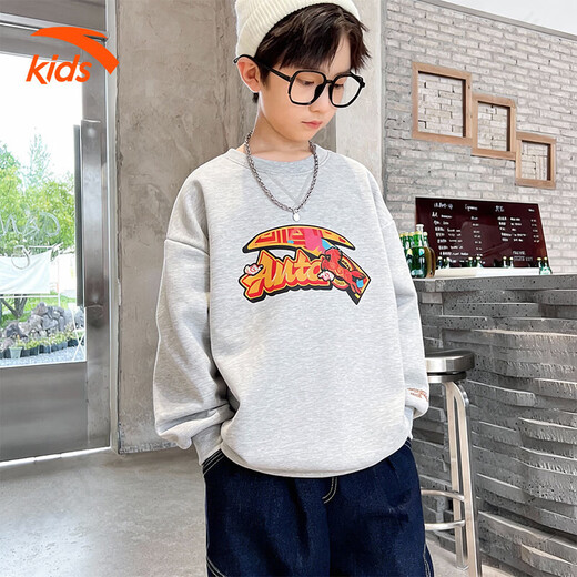 ANTA velvet children's sweatshirt, boys' sweatshirt, thickened youth red sweatshirt, autumn and winter warm sports top for girls, gray floral gray, velvet style 170