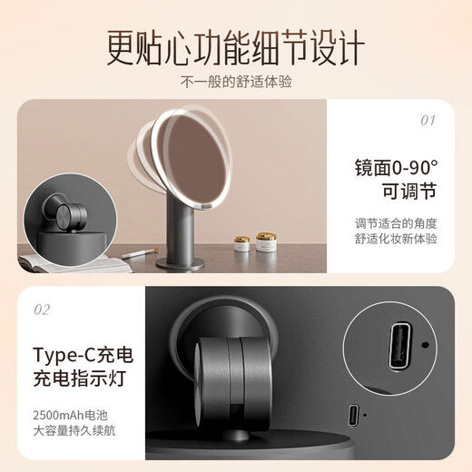 Cosmetic mirror with light LED desktop desktop standable bedroom mirror smart beauty mirror to fill in light Internet celebrity light luxury Dyson gray gift box-10 point 4 inch mirror