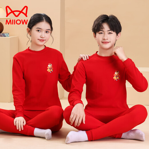Cat Man (MiiOW) Category a home children's zodiac year red horse year underwear warm suit for middle-aged and older children pure cotton autumn clothes and long pants Xi-middle collar-Fuma 160 cm