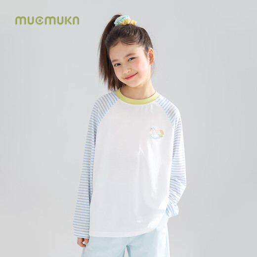 Mucmukn colorful Trojan 13 linen 48 lyocell 38 cotton pony embroidered striped T-shirt girls 26 spring blue and white strips 110 cm