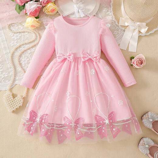 Foreign trade girls spring and autumn dress autumn 2025 children's clothing girls skirt bow mesh princess dress pink 110 cm 4-5