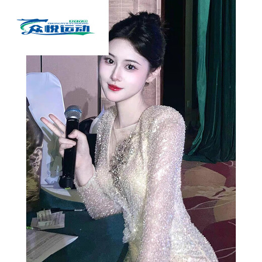 ZKHE high-end banquet host evening dress, female sense, light luxury, niche atmosphere, art exam performance costume, sequined annual meeting, silver white M