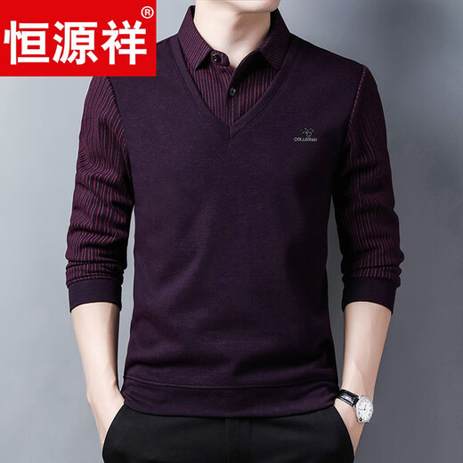 Hengyuanxiang camiseta de manga larga para hombres de mediana edad de alta gama para hombres primavera y otoño cuello de camisa delgada camiseta falsa de dos piezas ropa de papá para hombres negro 8832 L 170