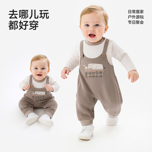 YEEHOO shopping mall same style baby long-sleeved baby boy clothes for outdoor crawling clothes cute cartoon jumpsuit stone brown 66cm