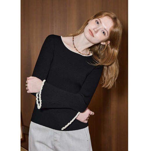 KUHNMARVIN French Retro Contrast Bell Sleeve Sweater Women's 2026 Early Spring New Right Shoulder Slim Sweater K32992 Black S