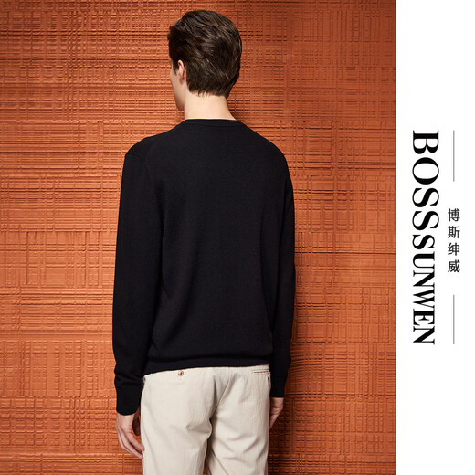 Bosssunwen 100% sheep wool recommended business casual solid color all-match base shirt for spring, exquisite rubberized wool sweater, black M