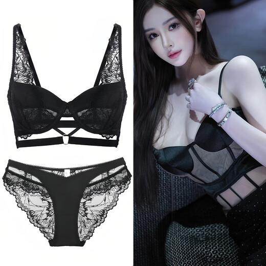 Victoria Palace sexy underwear, ultra-thin straps, big breasts, small underwear, anti-sagging, push-up, push-up, side breasts, lace bra, black suit, bra + underwear, 75B/34B, with M size underwear