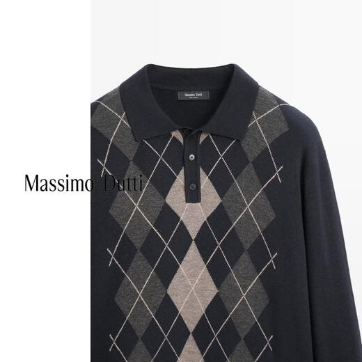 Massimo Dutti new season special 2026 men's classic retro diamond pattern high-end Polo collar long-sleeved sweater 01190218 Navy Blue M (180/96A)