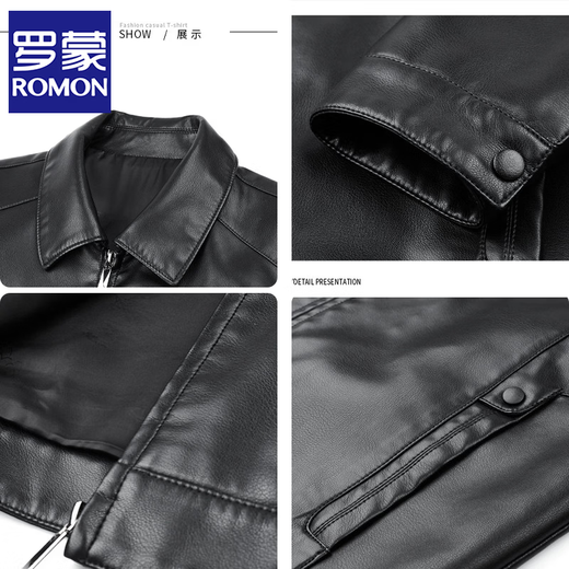 ROMON leather jacket men's 2026 new spring and autumn trendy brand handsome motorcycle jacket men's velvet thickened leather jacket top black thickened style XL (180)