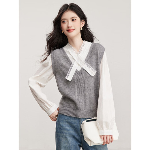 Fanximan gray college style fake two-piece sweater for women 26 spring new lace splicing design top 30597 gray one size