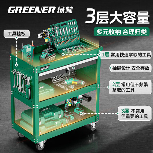 GREENER Tool Cart Auto Repair Drawer-type Maintenance Small Trolley Box Mobile Three-layer Cabinet Parts Cart Shelves Storage Standard Auto Repair Tool Cart + Hanging Plate + Parts Box_Red.