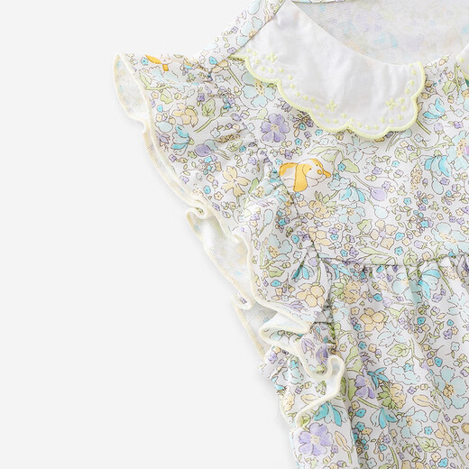 YEEHOO shopping mall same style baby jumpsuit for girls, home wear jumpsuit, summer cool short-sleeved jumpsuit, flower scroll embroidered collar, 59cm
