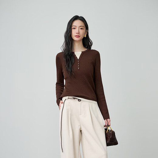 NEELLY shopping mall's same style spring new fashion slim fake two-piece knitted sweater for women, slim casual top, brown L
