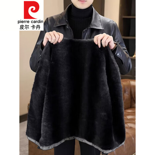 Pierre Cardin winter plush leather jacket men's Haining mink fur collar short leather jacket winter new dad jacket black no cracking no peeling L