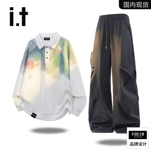 FIVE CM it 5cm casual sports suit men's autumn and winter American tie-dyed sweatshirt and casual pants two-piece set TZ3210+K008 black (spring and autumn) XL (120-140Jin Jin equals 0.5kg)