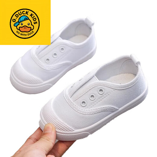 G.duck children's white shoes, girls' kindergarten performance, boys' canvas shoes, student campus soft soles, white mid-skid low-top, new upgraded model, white shoes C08-1, more comfortable 26, inner length about 17cm (suitable for feet 16cm long)