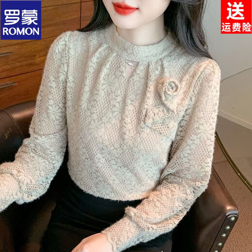 ROMON autumn and winter fashionable half turtleneck lace bottoming shirt for women new style with velvet thickened warm top and small shirt khaki regular style S 80-90Jin Jin is equal to 0.5 kg