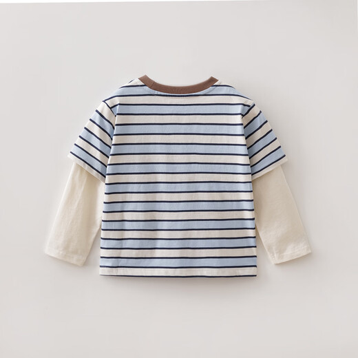 MARC&JANIE Mark Jenny striped cat boys pure cotton fake two-piece T-shirt baby tops 2026 spring new style 560019 blue and white stripes 90 cm (recommended height 81-90cm)