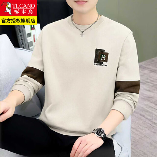 Woodpecker 2025 Sudadera de color contrastante de estilo americano para hombre, marca de moda de otoño e invierno, informal, holgada, versátil, cuello redondo, manga larga, además de engrosamiento de terciopelo para mantener el calor 2556 gris regular XL recomendado 130-150 Jin Jin equivale a 0,5 kg