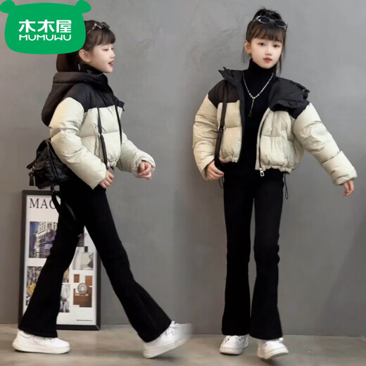 Mumuwu (mumuwu) girls winter clothing 2026 new fashionable suit girls short cotton coat children's velvet bell pants color block cotton coat + bell trousers two-piece set plus velvet 150 cm