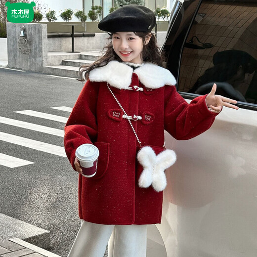 Wooden house girls autumn and winter woolen coats children's velvet thickened coats middle and older children's New Year's clothing festive woolen coat trend red coat 130