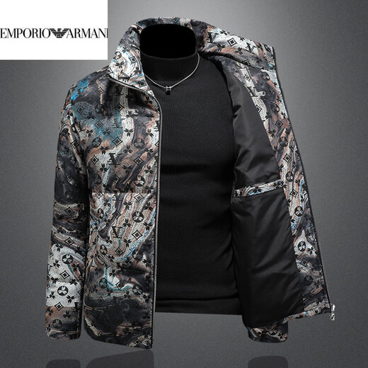 EMPORIO ARMANI阿玛尼男士新款冬装90绒立领羽绒服男轻奢时尚加厚男装印花高端短 花色 M