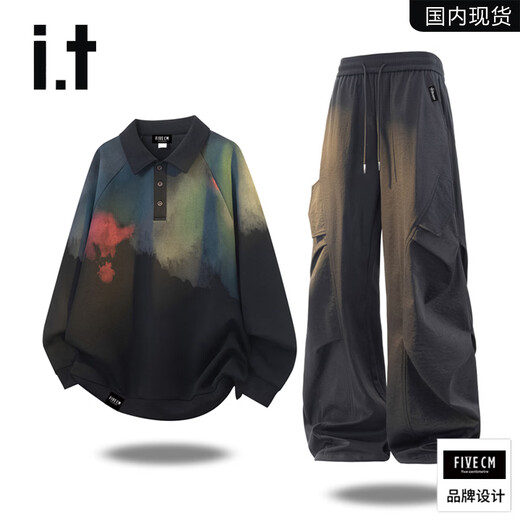 FIVE CM it 5cm casual sports suit men's autumn and winter American tie-dyed sweatshirt and casual pants two-piece set TZ3210+K008 black (spring and autumn) XL (120-140Jin Jin equals 0.5kg)