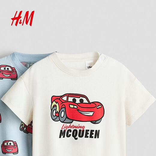 H&M 2026 spring new children's clothing baby boy 2-piece printed T-shirt 1315882 light blue/Cars 90 90/52 (1.5-2Y)