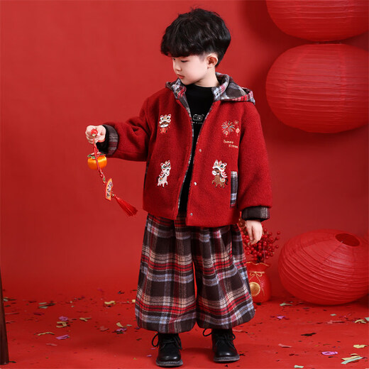 HAL.DUCK New Year's greetings boys' winter thickened cotton suit children's 2026 Year of the Horse red festive boy's winter jacket red 130 cm