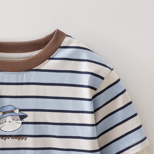 MARC&JANIE Mark Jenny striped cat boys pure cotton fake two-piece T-shirt baby tops 2026 spring new style 560019 blue and white stripes 90 cm (recommended height 81-90cm)
