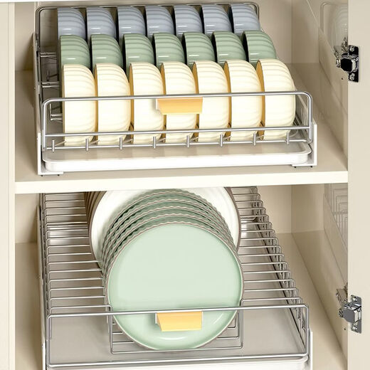 Fantasy kitchen storage rack multi-layer storage rack 304 stainless steel under sink retractable layered cabinet pull-out stainless steel + ins milk white guide rail pull-out bowl rack + dish rack